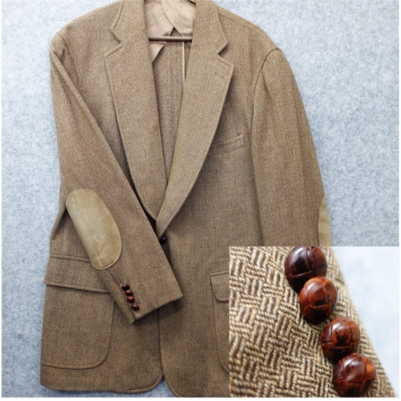 PAUL STUART Tweed Sport Coat Mens 40R Tan Herringbone Elbow Patch Jacket VINTAGE